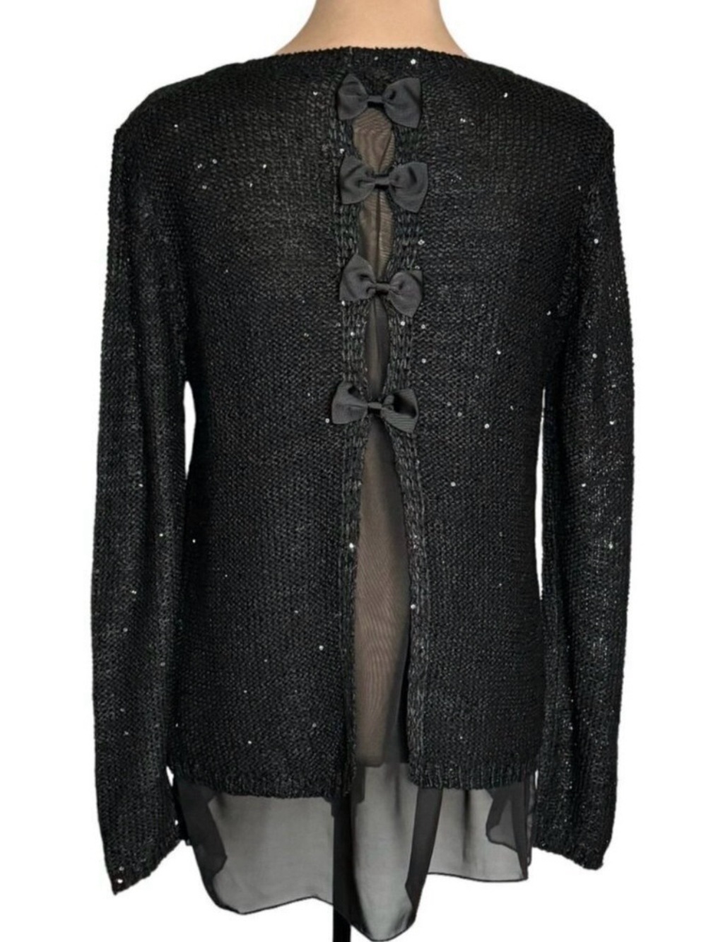 NWT Tunic Sweater Sz. L Black Knit Bows Layered Sequin Whimsigoth Gothic Witch